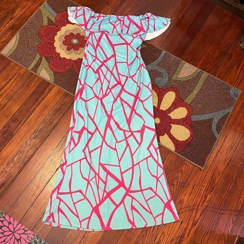 Summer dress Maxi Blue Aqua Red Cracked 80's Look